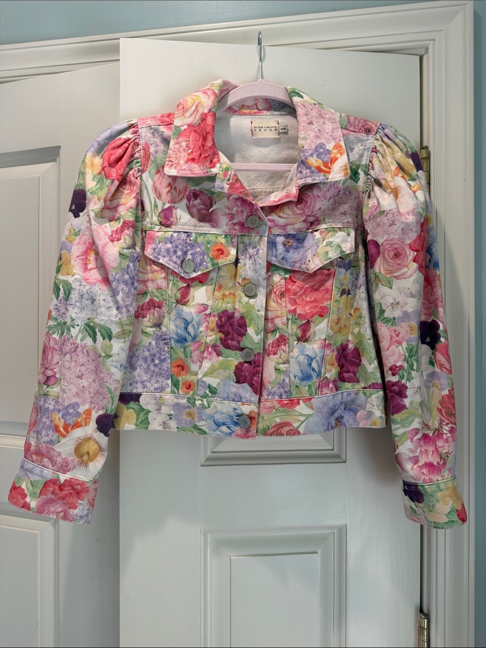 Alice + Olivia Floral Cropped Jean Jacket in Multicolor